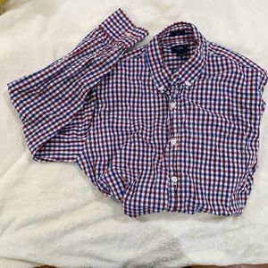 JCrew. Button down long sleeve. Used - good condition. Navy/Maroon. Large.